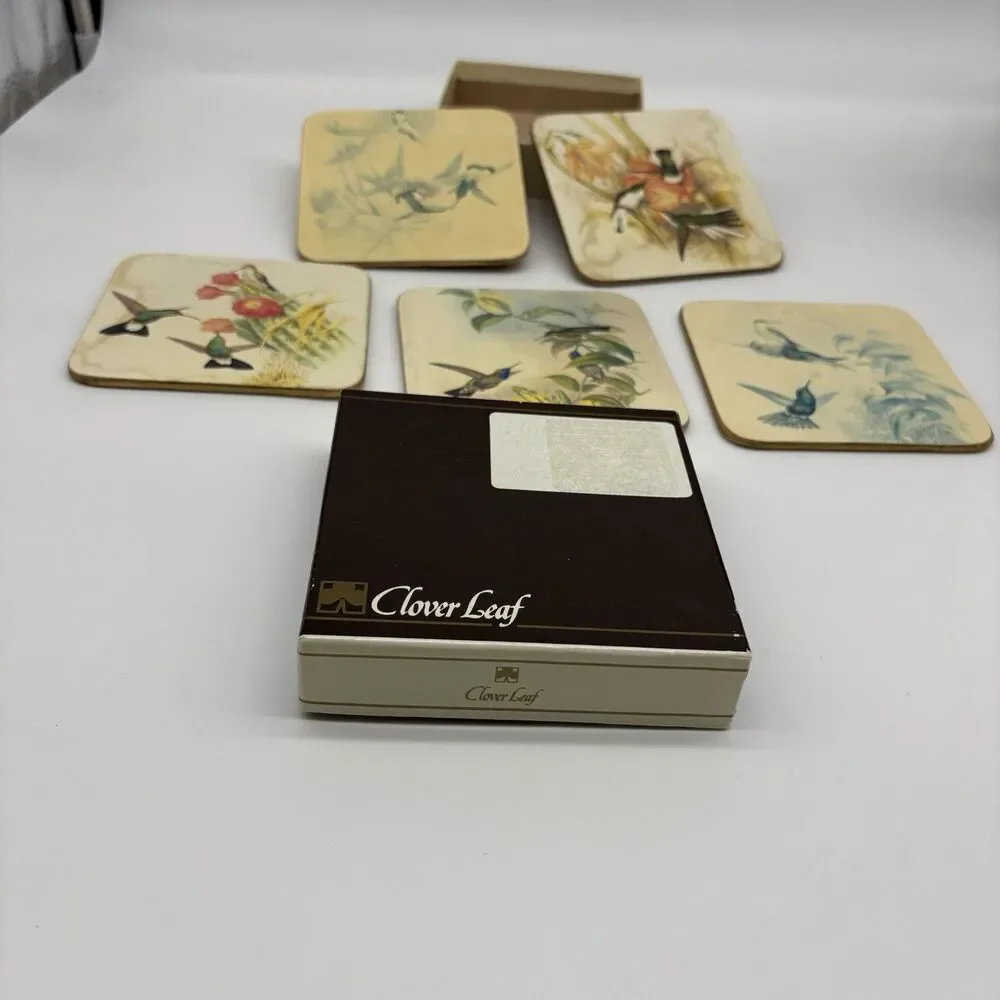 Clover Leaf Vintage Bird Pictorial Wood Square Coaster Set, 5pc Heat Resistant